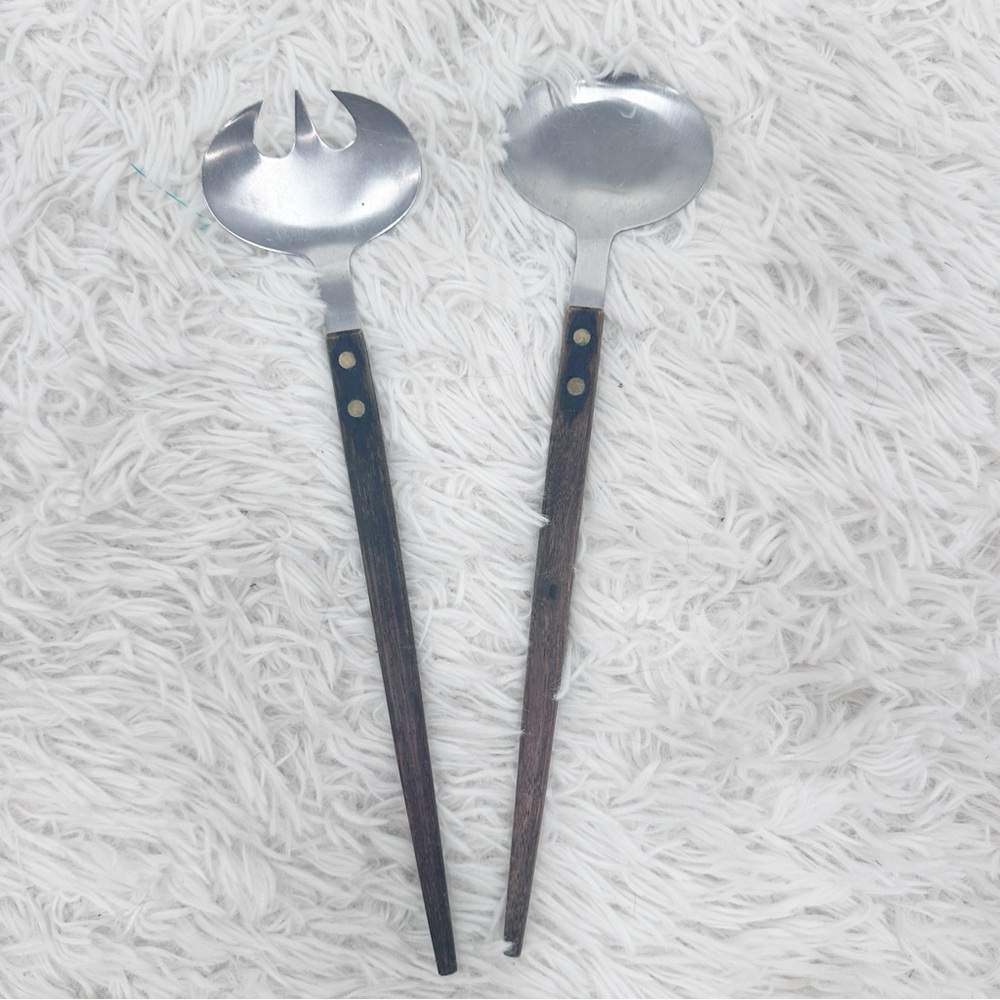 Vintage MCM 11” Wood Handle Salad Serving Set FORK SPOON Stainless Steel JAPAN